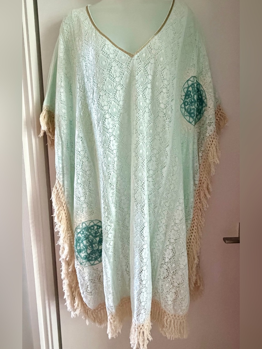 Aqua Lace embroidered Coverup with Fringe Resort wear